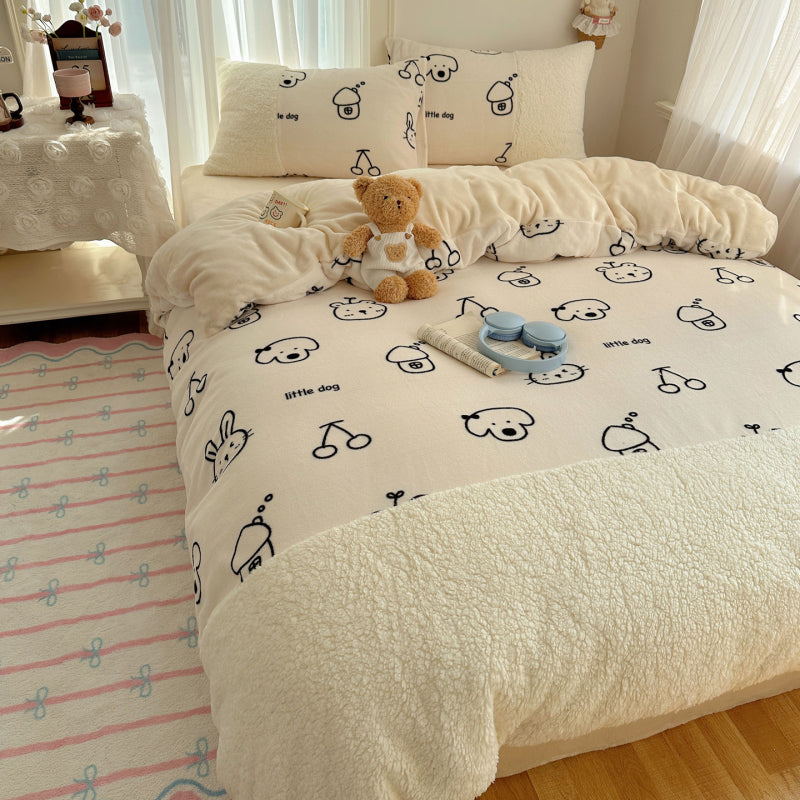{3/4pcs} Cartoon Lambskin + Milk Velvet Set