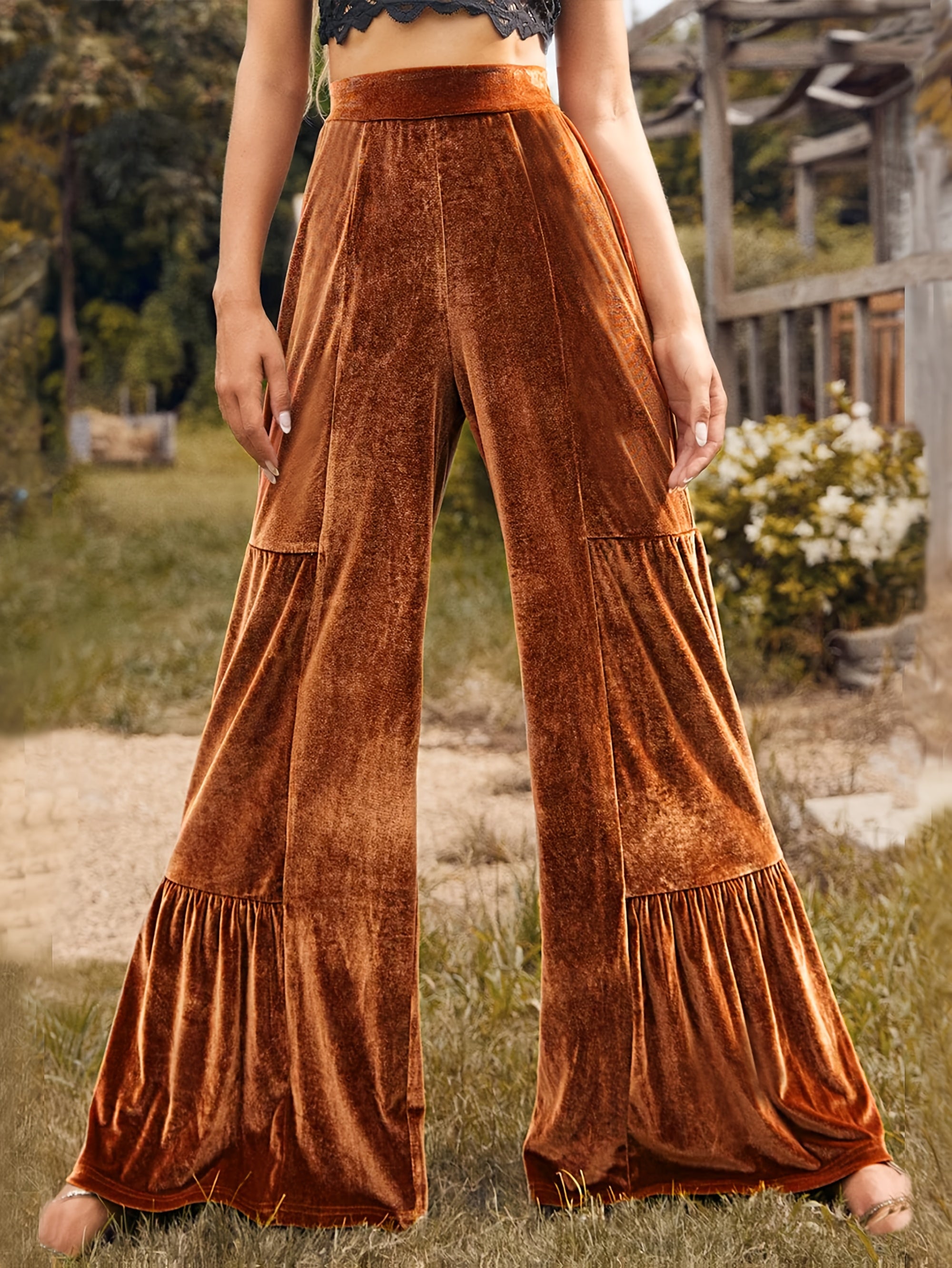 Women's Green Wide-Leg Trousers - High-Waisted Winter Pants with Ruffled Hem, Deep Green Trousers for Fall/Winter, Machine Washable Elegant Stretch Fabric (No Dry Clean) - Casual to Formal Outfits (Office, Party) - Trousers f