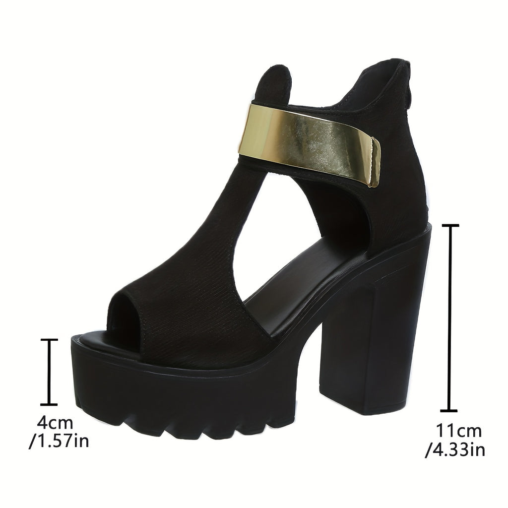 Elegant Roman Sandals - 4.33inch Chunky Heel Open-Toe Platform Shoes with Golden Straps & Ankle Support