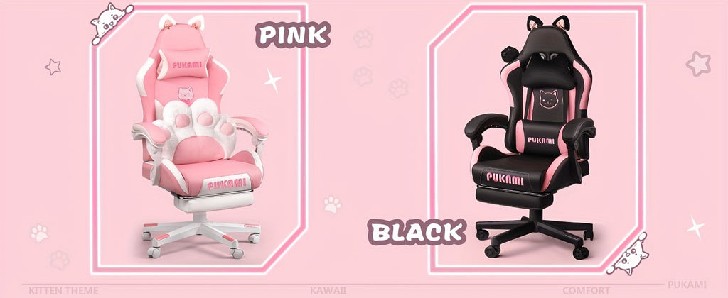 Pink Kawaii Cat Ear Gaming Chair with Paw Cushion