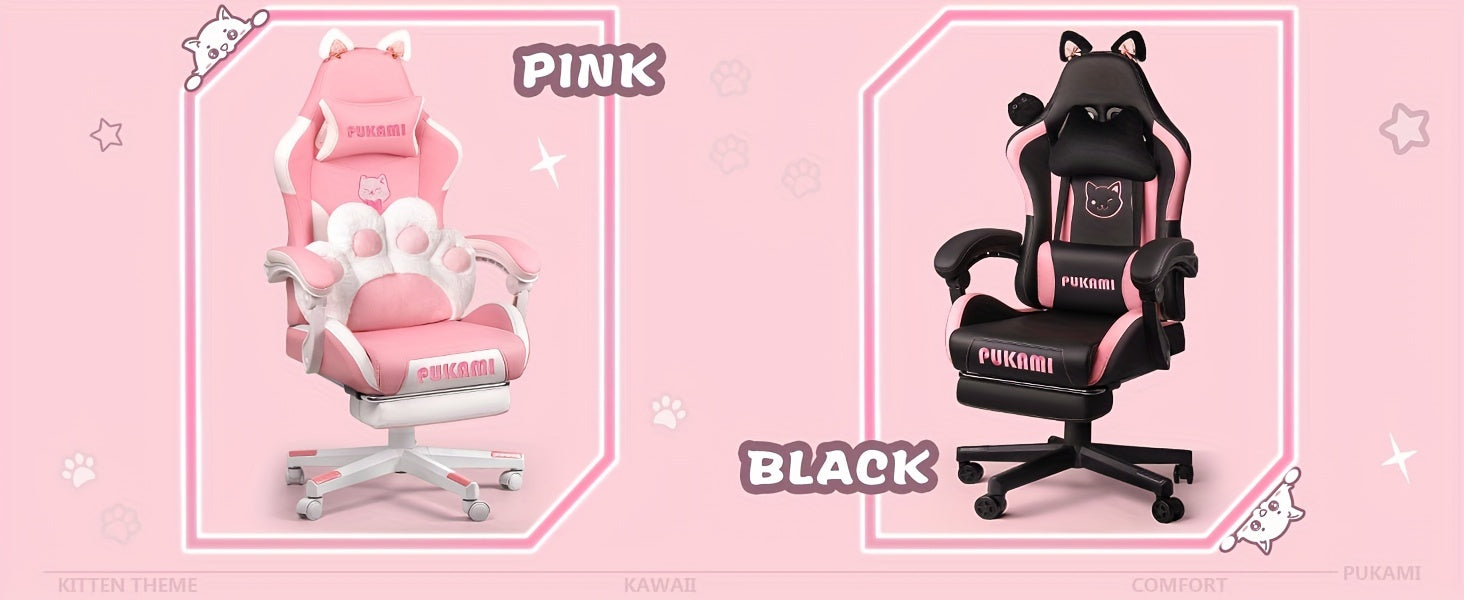 Pink Kawaii Cat Ear Gaming Chair with Paw Cushion