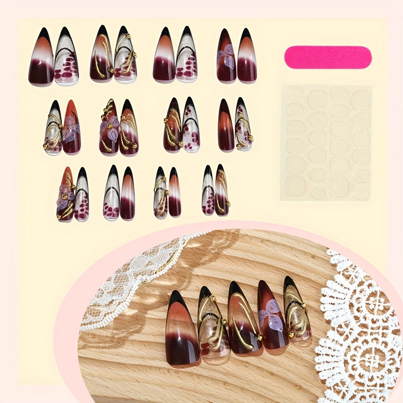 24pcs 3D Flowers Press On Nails - Long Stiletto Fake Nails with Vintage Glam Style, Reusable Acrylic Brown Nails for Women, Includes Nail File & Jelly Glue, Full Coverage XXL/XXXL, Cute Nails