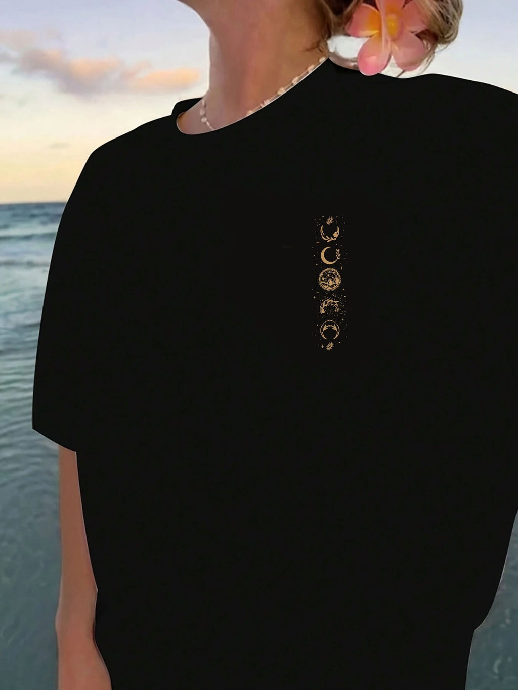 Casual Short Sleeve T-Shirt with Celestial Moon & Star Print