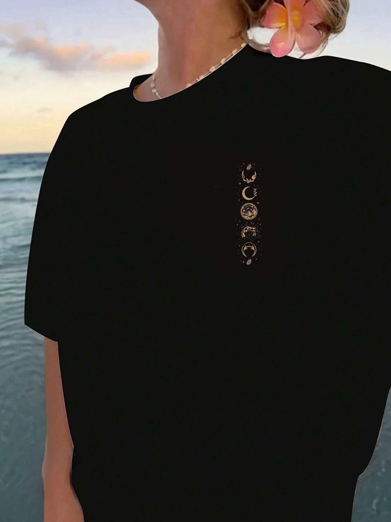 Casual Short Sleeve T-Shirt with Celestial Moon & Star Print