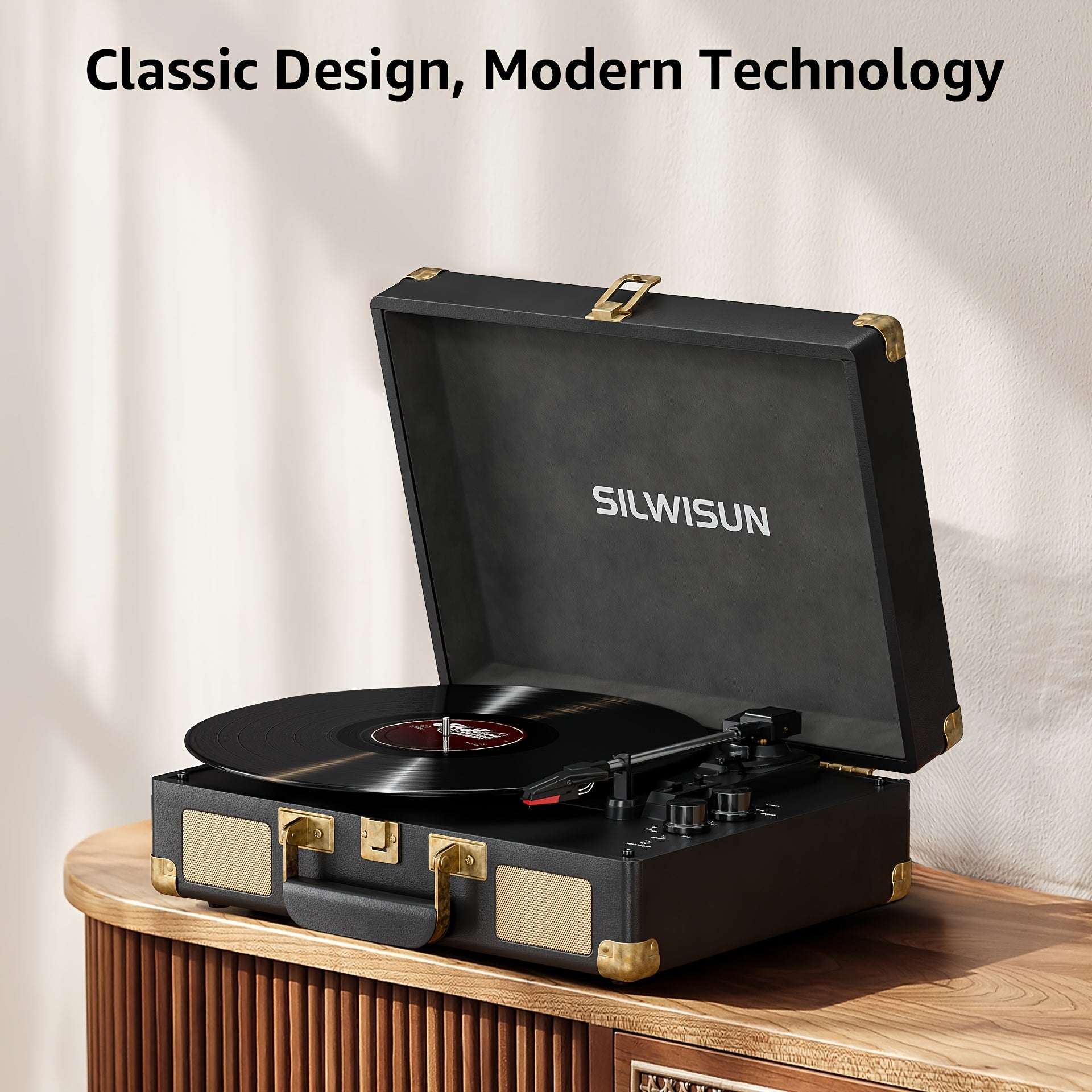 Portable Silwisun Vinyl Record Player with 3-Speed Turntable, Built-In Battery & Speakers, Wireless Connectivity, Aux/RCA Input, Type-C Charging