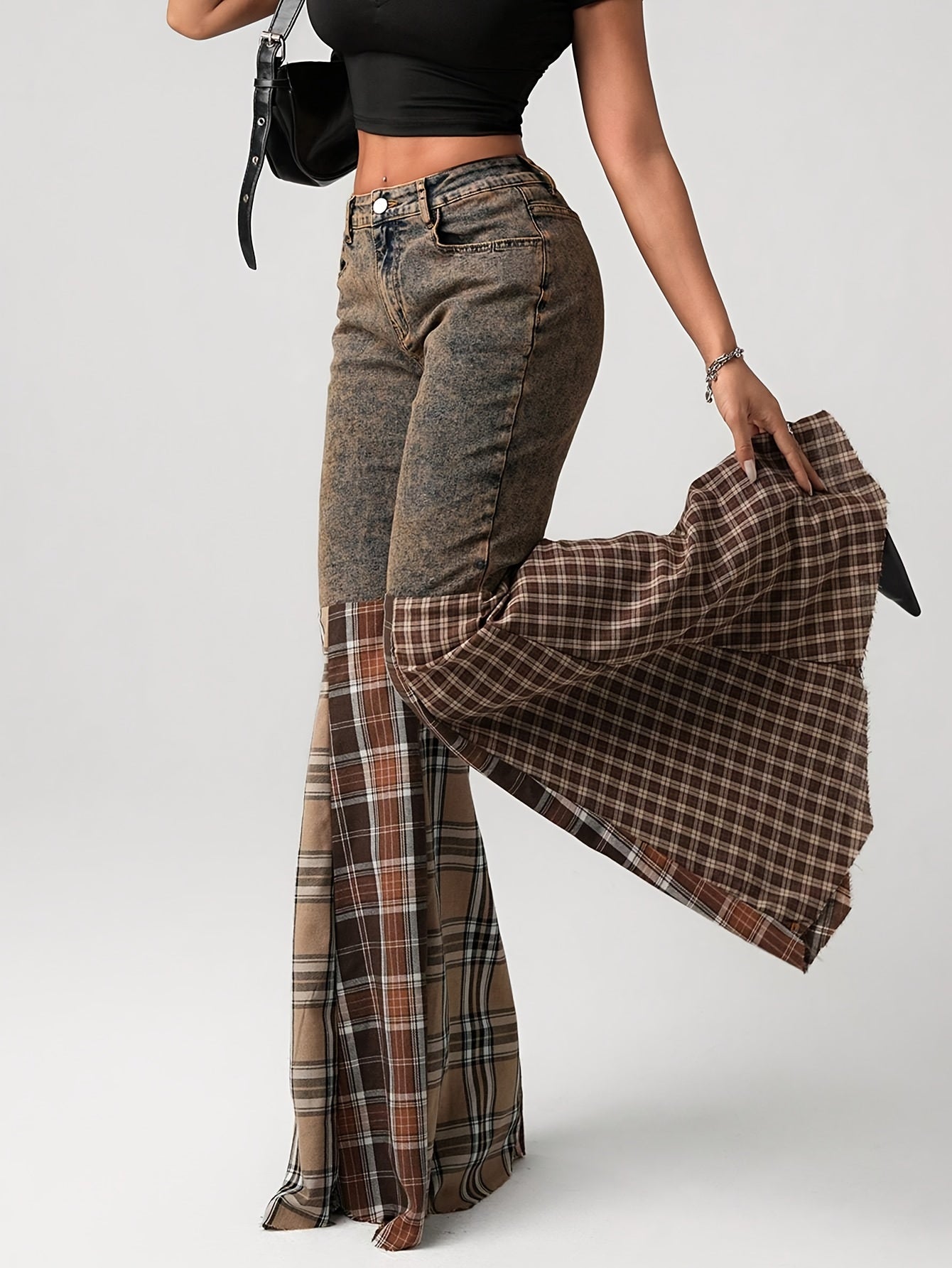 Plaid Patchwork Flared Jeans