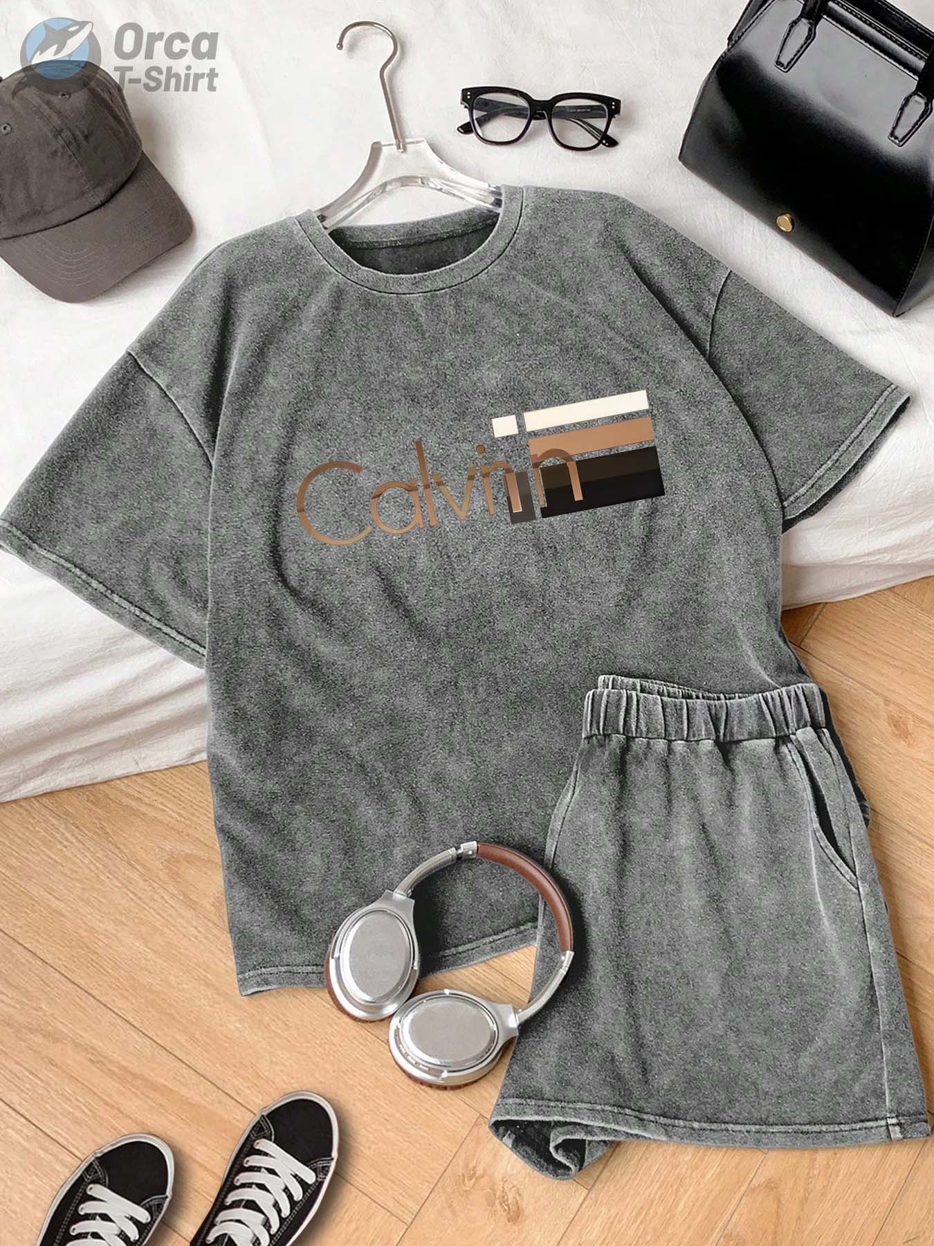 Men's & Women's 230g Heavyweight 100% T-Shirt - Vintage Washed Oversized Short Sleeve Round Neck Pink Tee with Logo-Like Horizontal Stripe Print (Beige//Maroon) - Soft Breathable Casual Summer Top, Locally Shipped, Women Two