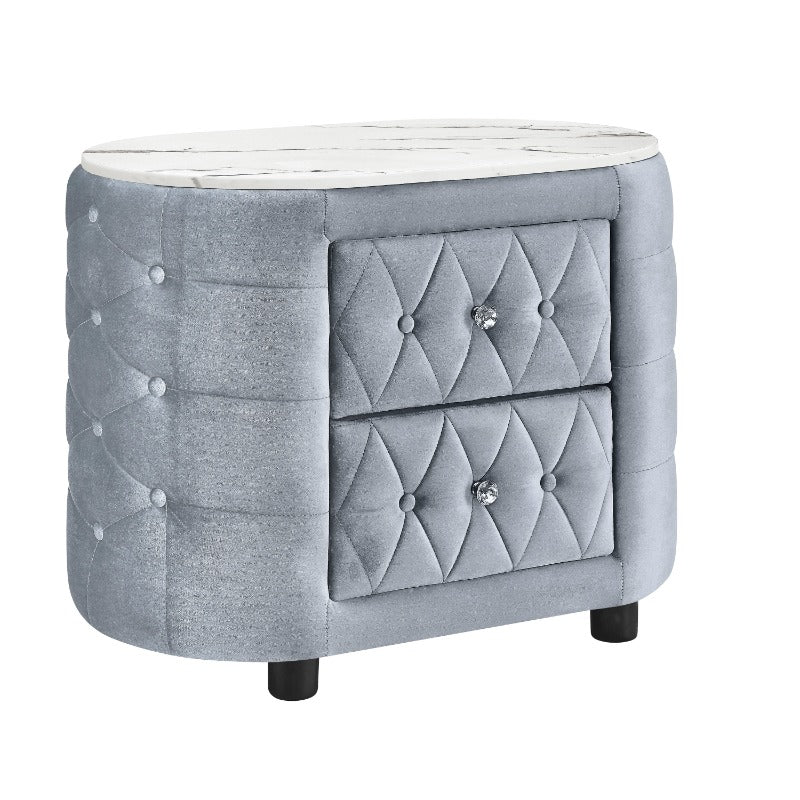 Modern Gray Nightstand with Marble Top & 2 Storage Drawers