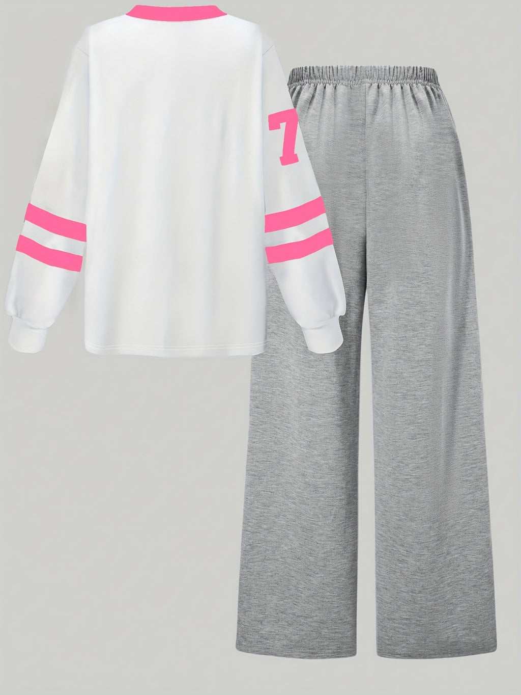 [2pcs} Digital Print Versatile V-Neck Top and Simple Wide-Leg Pants Set