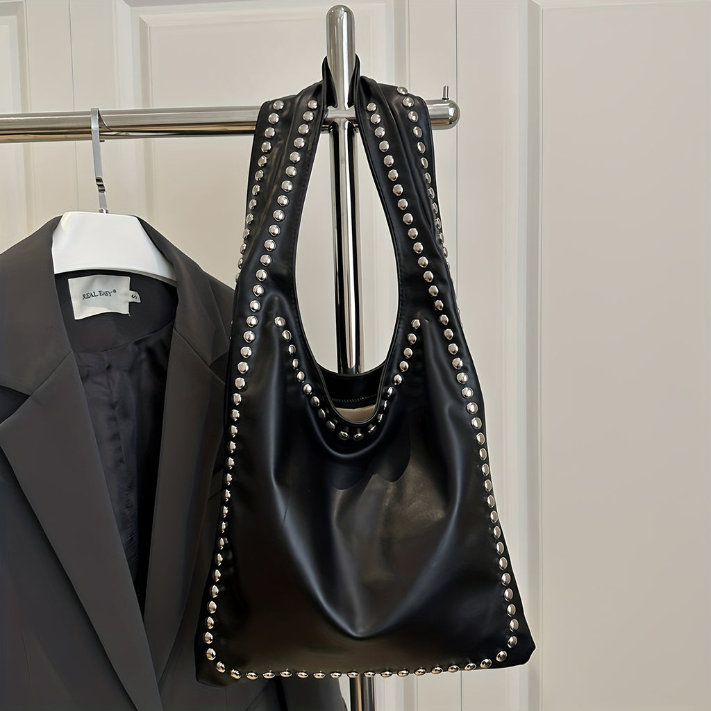 Women's Retro Punk Gothic Handbag - Edgy Shoulder Tote with Zipper Closure, White/Black Handheld Bag, Punk Style Purse for Casual & Formal Outfits, Durable Everyday Shoulder Bag