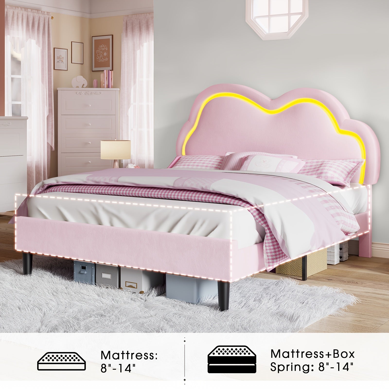 LUXOAK LED-Illuminated Twin Bed Frame with Velvet Cloud Headboard, Pink Platform Design - Easy DIY Assembly, Under-Bed Storage, Modern Hardwood Construction, Box Spring Optional