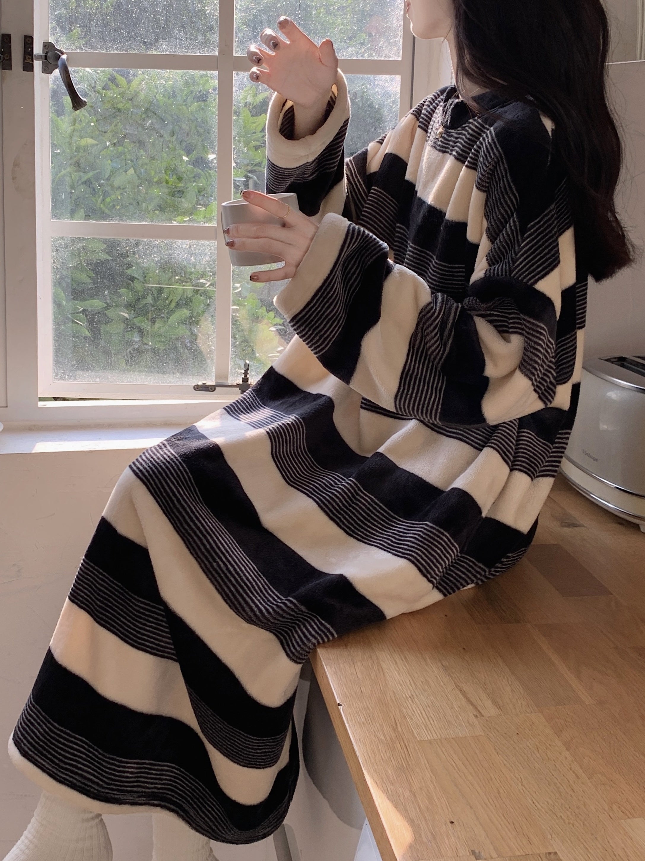 Stripe Print Casual Fleece Sleepwear Dress