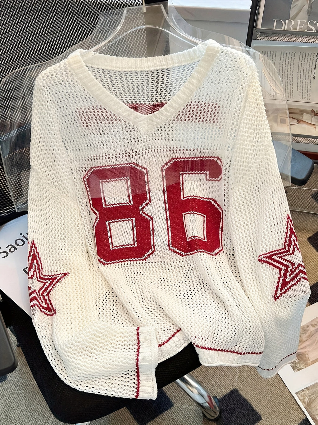 Women's Y2K Top - V-Neck Long Sleeve Mesh Blouse with 86 & Star Cut-Out Design, Breathable Black/White Contrast for Spring/Summer Casual Outfits, Cute Blouse, Versatile Clothing, Contrast Color Design