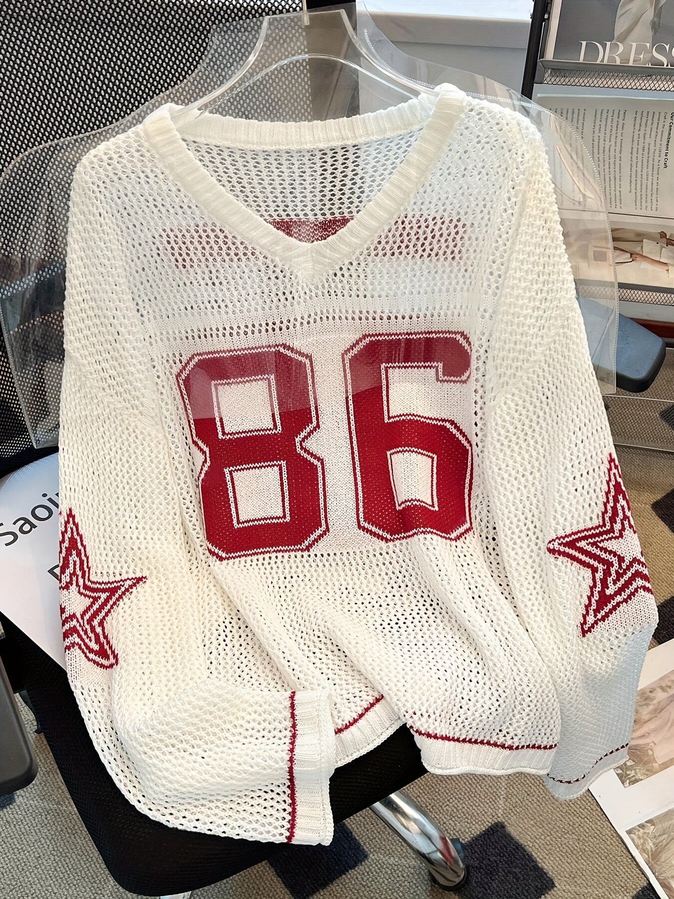 Women's Y2K Top - V-Neck Long Sleeve Mesh Blouse with 86 & Star Cut-Out Design, Breathable Black/White Contrast for Spring/Summer Casual Outfits, Cute Blouse, Versatile Clothing, Contrast Color Design