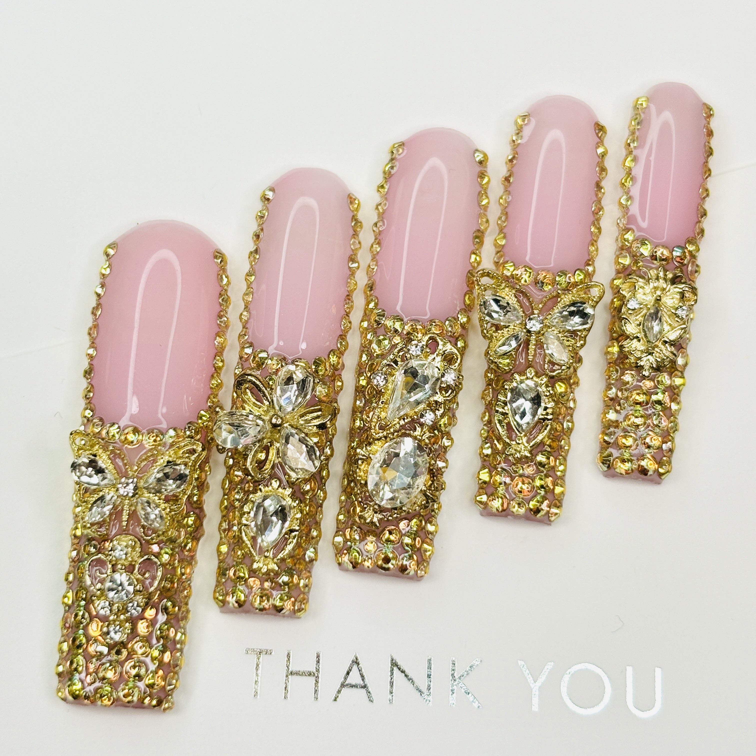 {10pcs} Gold Rhinestone Butterfly Press-On Nails