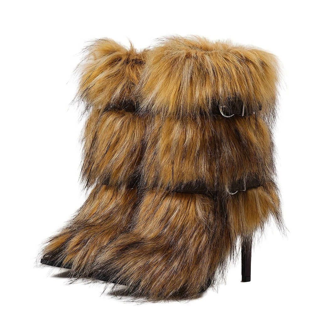 Faux Fur Plush Short Boots with Stiletto Heels