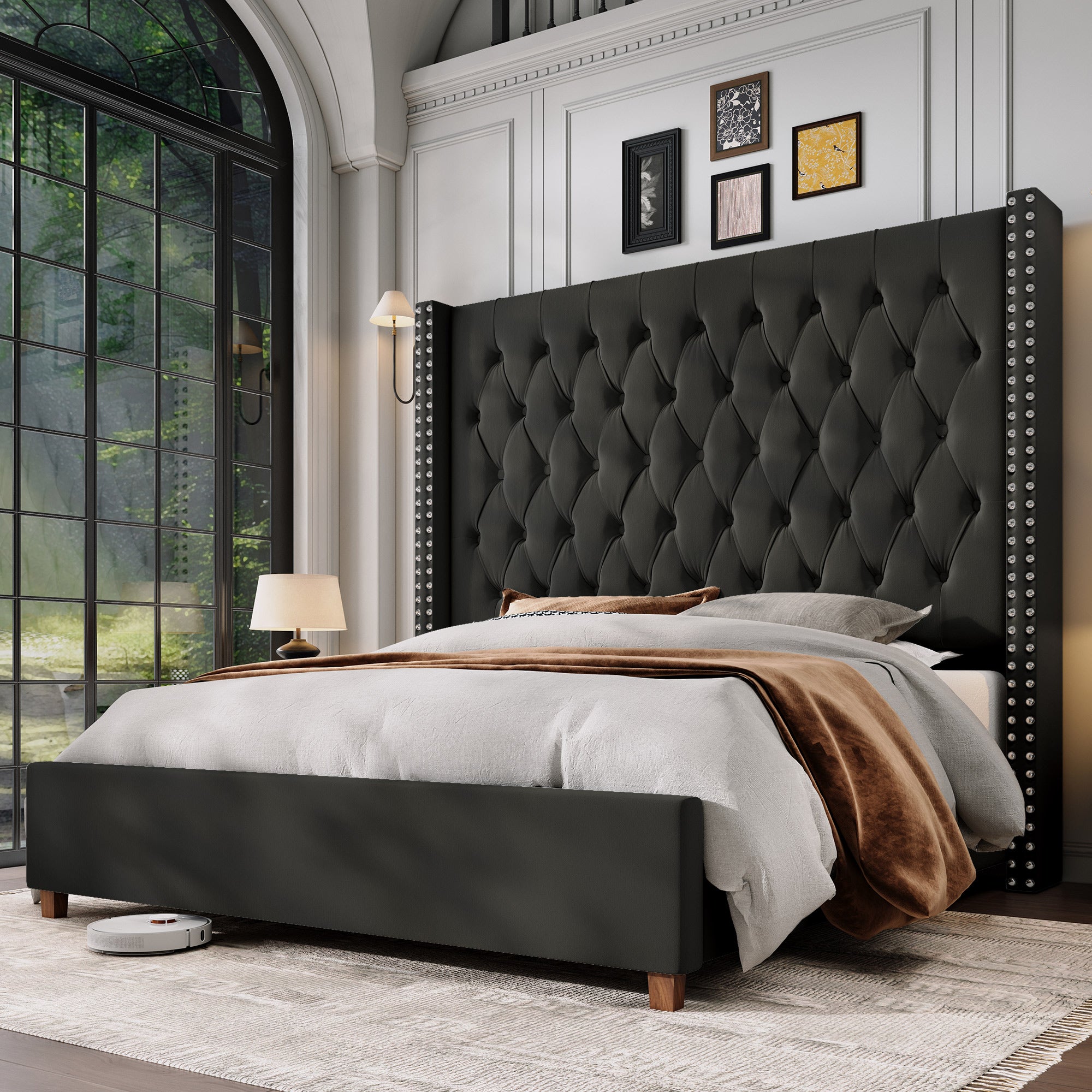 61.4" Tall Luxury Bed Frame with Tufted Wingback Headboard