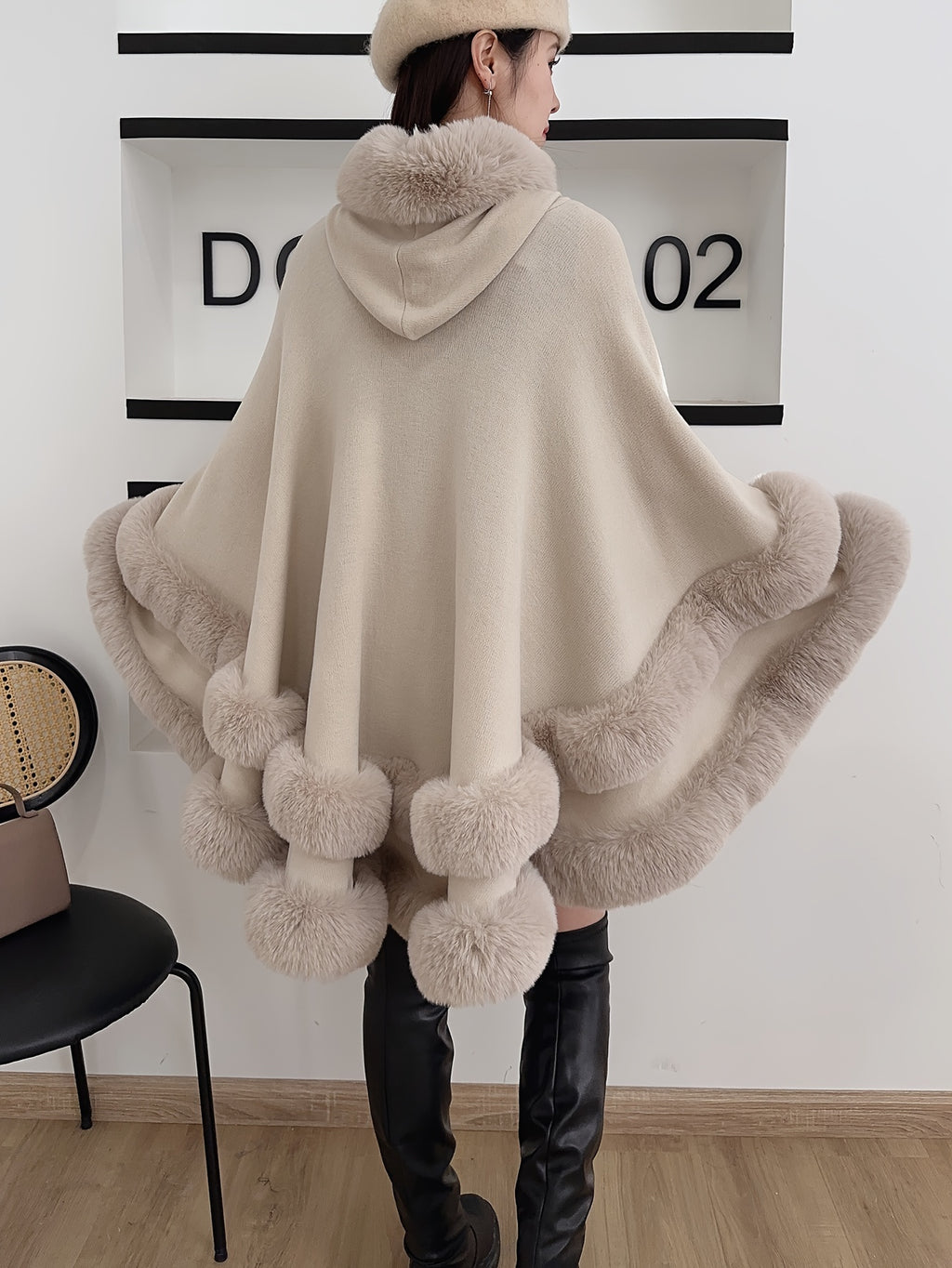 Faux Rabbit Fur-Lined Hooded Cape