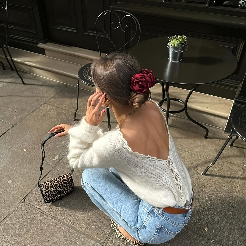 Backless Crochet Button Design Long Sleeve Pullover Sweater