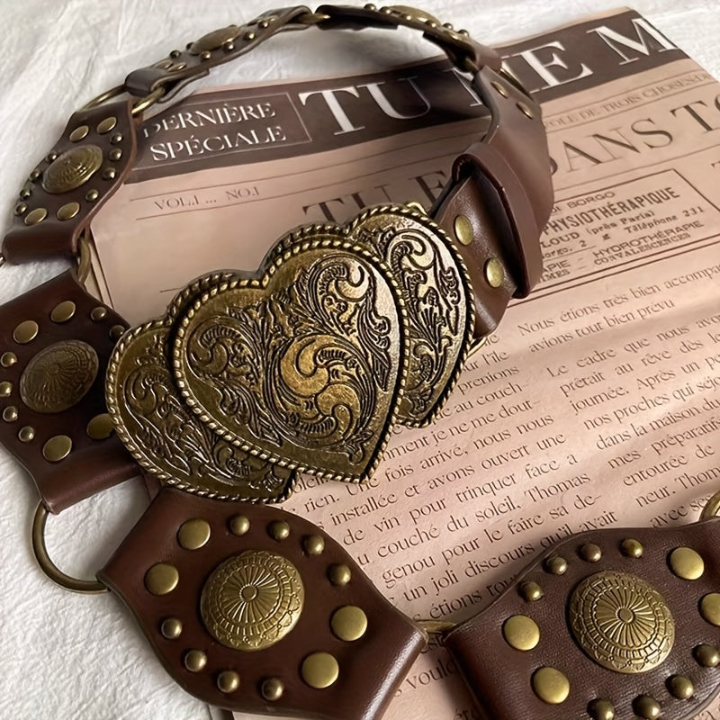 1pc Women's PU Leather Belt - Y2K Retro Bohemian Style Carved Wide Waistband with Heart-Shaped Buckle & Rivet Details, Versatile Trouser Belt for Daily Wear, Evening Out, Festive Occasions - All-Season Fashion Accessory, Even