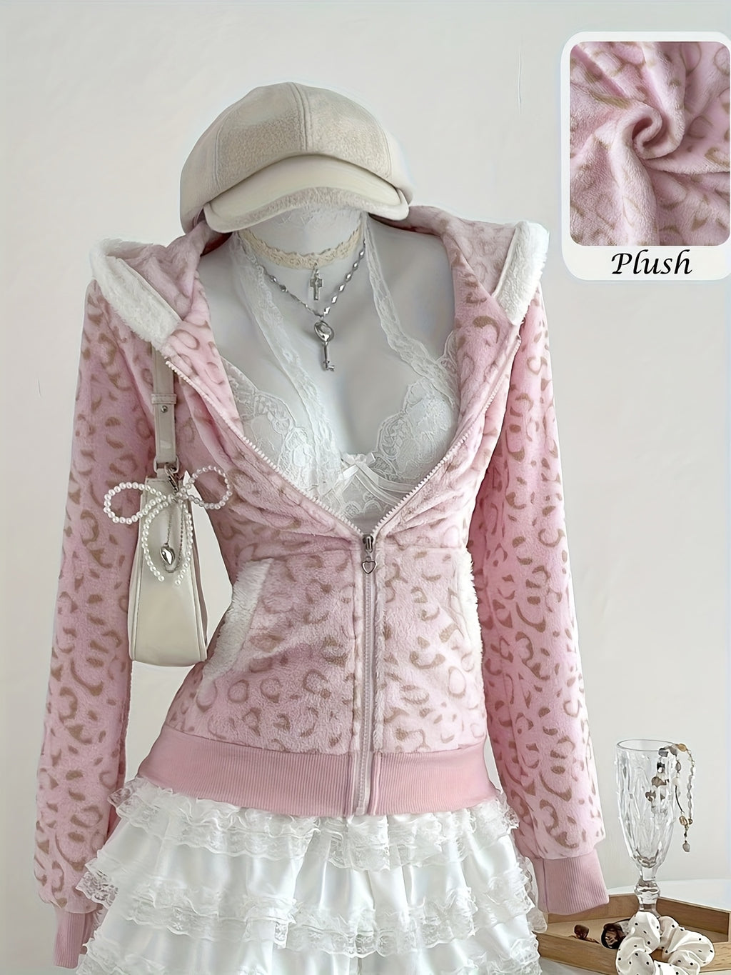 1pc Women'S Soft Fleece Hooded Jacket with & Leopard Print - Cozy Winter Warmth, Full-Zip Casual Outerwear, // Animal Pattern, Machine Washable