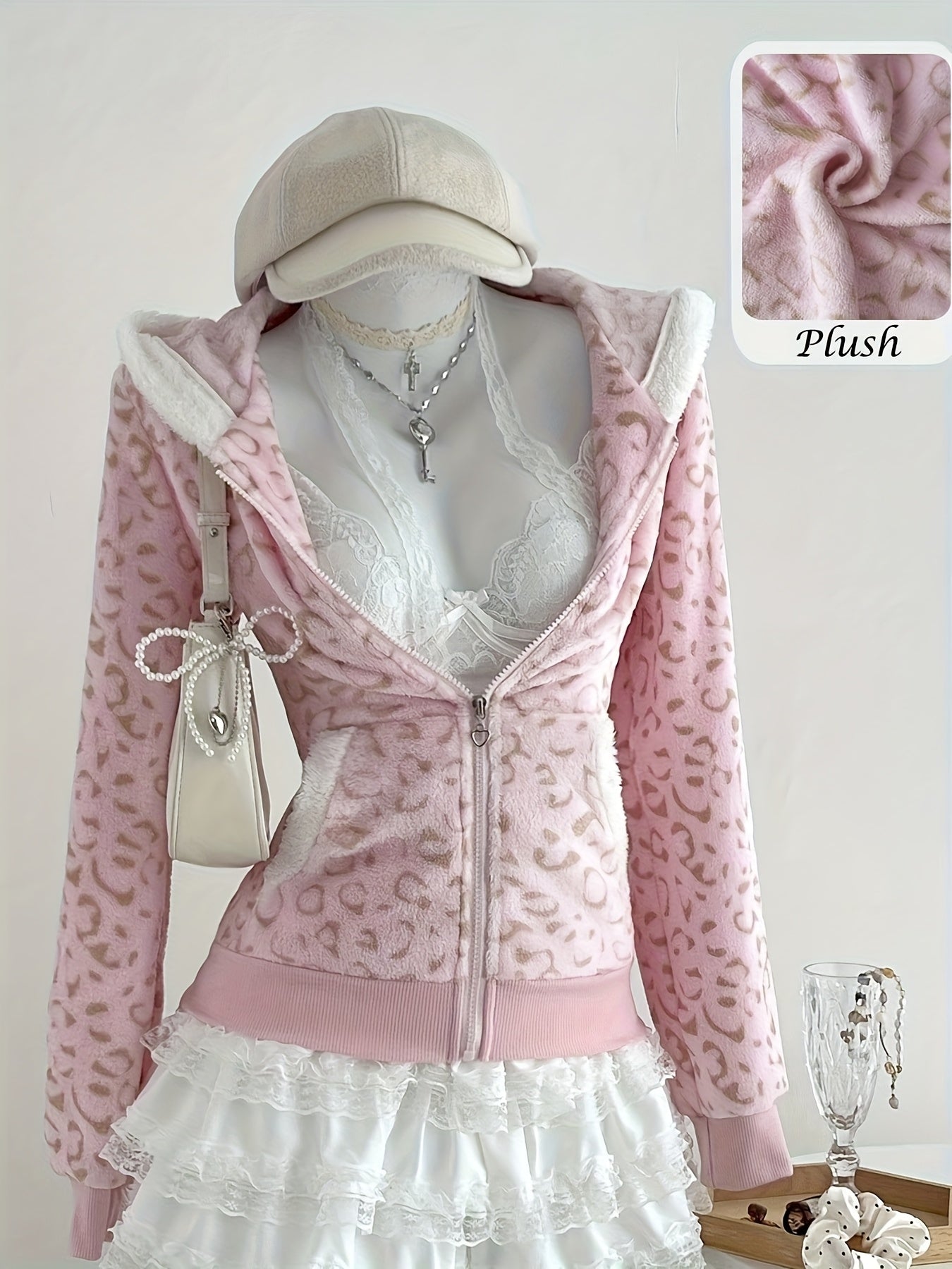 1pc Women'S Soft Fleece Hooded Jacket with & Leopard Print - Cozy Winter Warmth, Full-Zip Casual Outerwear, // Animal Pattern, Machine Washable