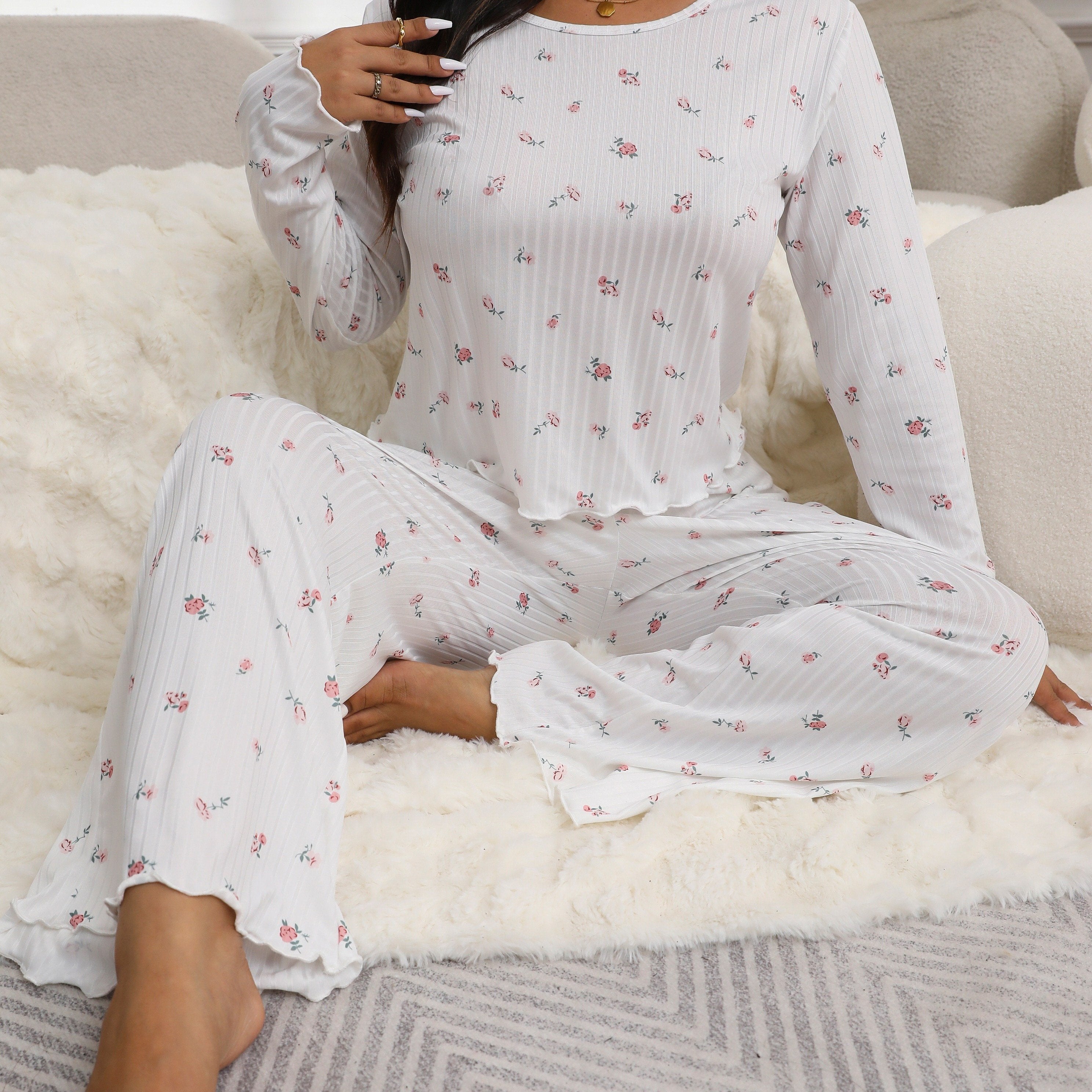 Floral Print Textured Fabric Long Sleeve Pantsuit for Autumn and Winter