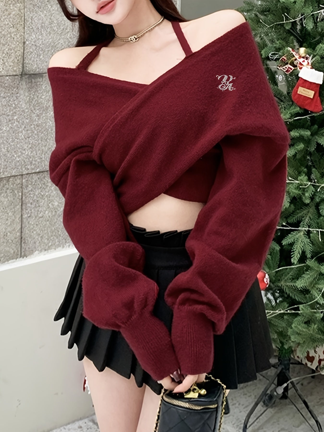 Women's Off-the-Shoulder Cross Front Sweater - Soft Warm Winter Pullover with Deep Red Solid Color, Korean Fashion Short Length Top for Casual & Festive Outfits, Autumn Wardrobe Essential, Notched Collar Design, Soft Texture