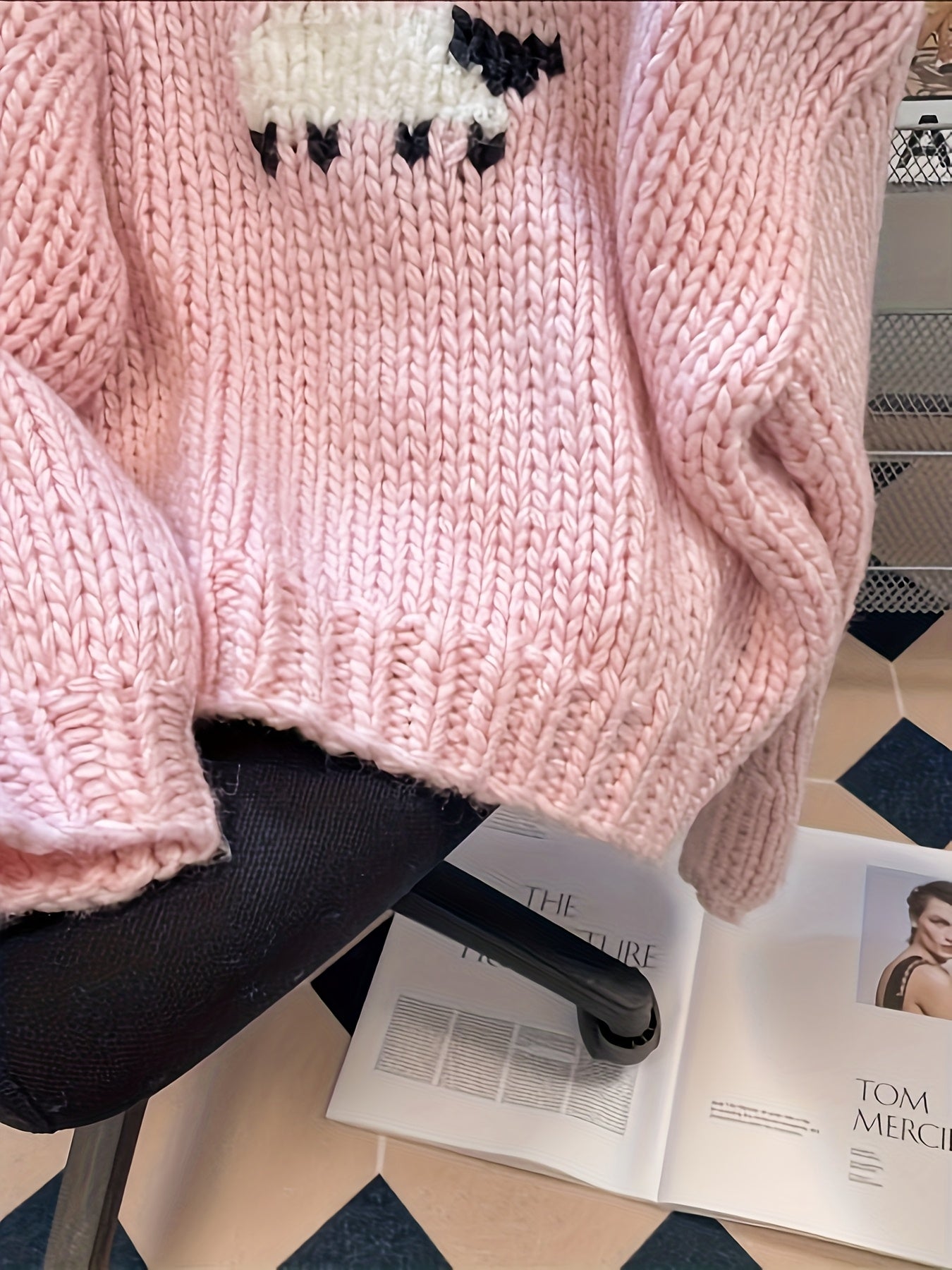 Soft Pastel Pink Sweater with Cute Sheep, Round Neck Loose Fit Pullover