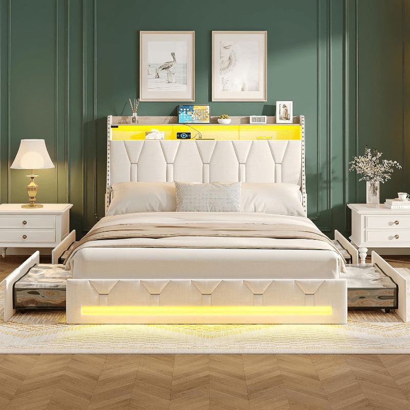 Bed Frame with Storage Drawers, Upholstered Platform Bed Frame Including Headboard, Charging Station & LED Lights, No Box Spring Required, Beige Color