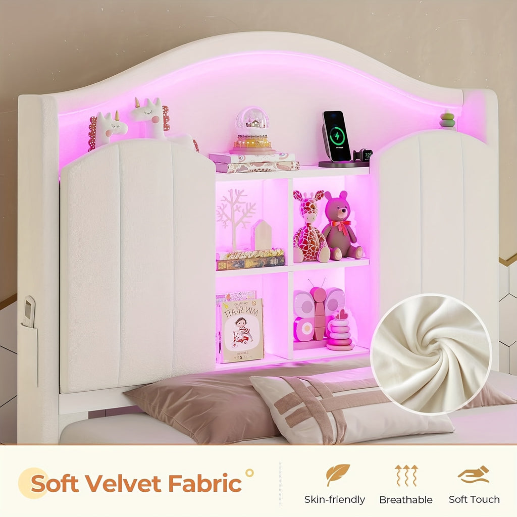 Upholstered Princess Twin Bed with LED Lights & Power Outlts