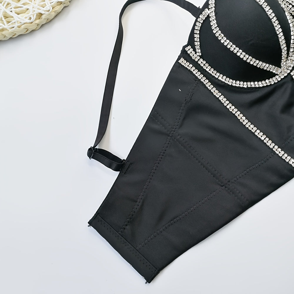 #8185 French Design Sleeveless Vest, Niche Shaping Underwear for Women, Fishbone Top with Studs and Shiny Rhinestones, Women'S Group Tightening Wrap Chest