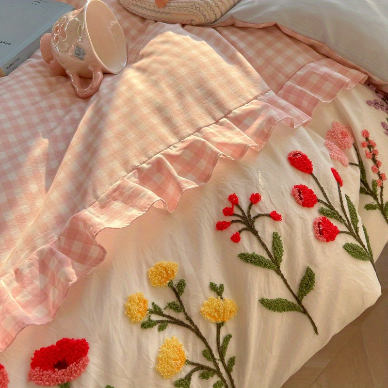 Pink Checkered + 3D Floral Embroidery Duvet Cover Set (1 Duvet Cover + 2 Pillowcases)