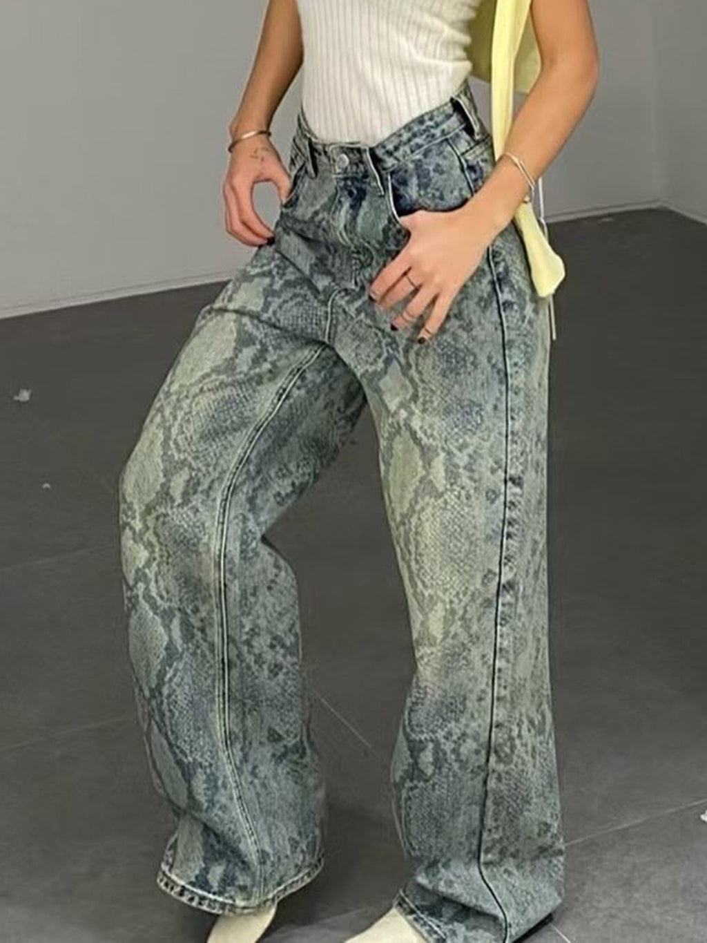 High-Waisted Wash Blue Distressed Snakeskin Print Wide-Leg Jeans