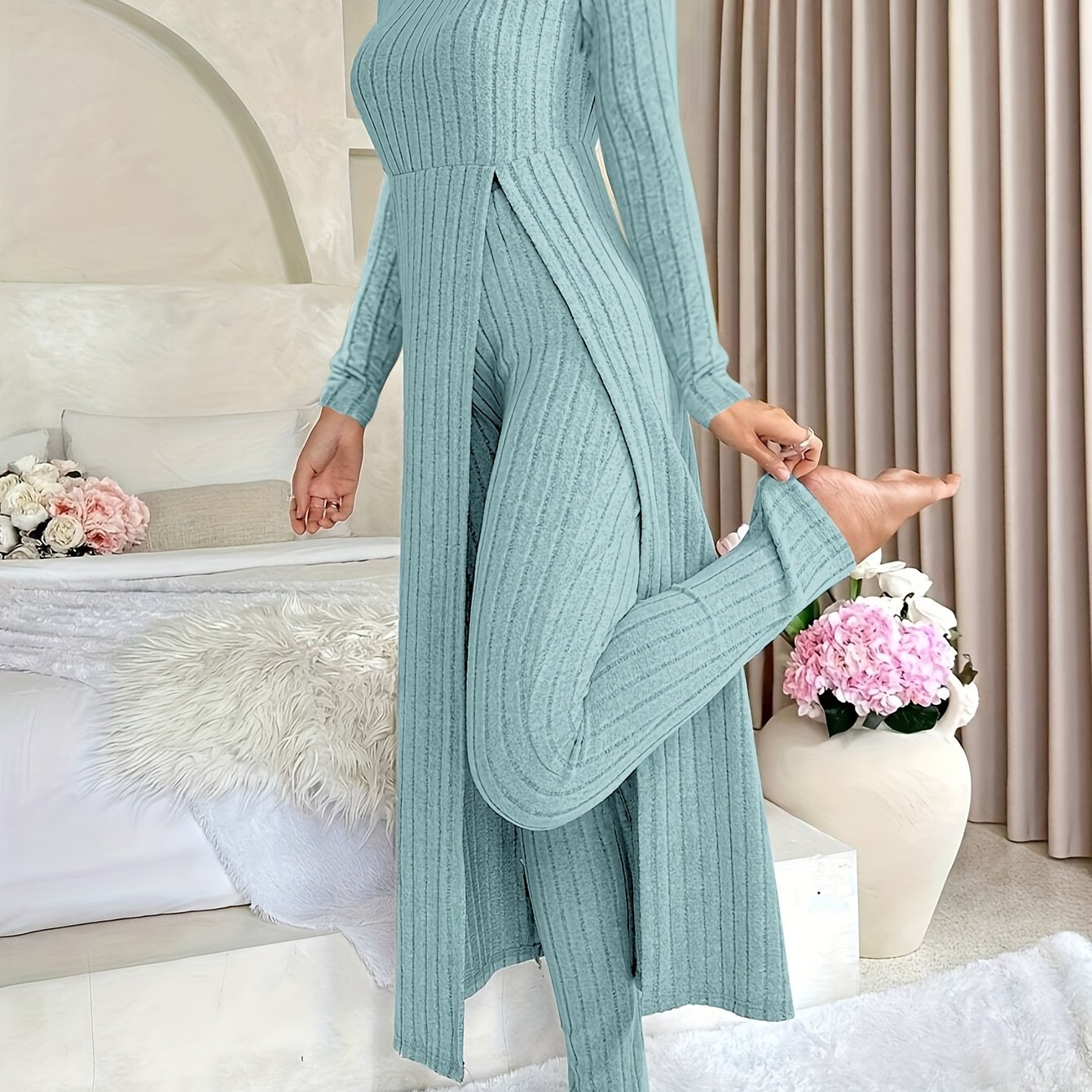Two-piece Set of Ribbed Long-sleeved Top and Pants