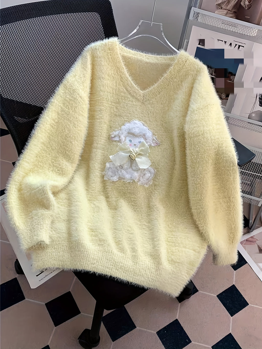 Soft Fluffy V-Neck Sweater Sweater with Lamb Appliqué