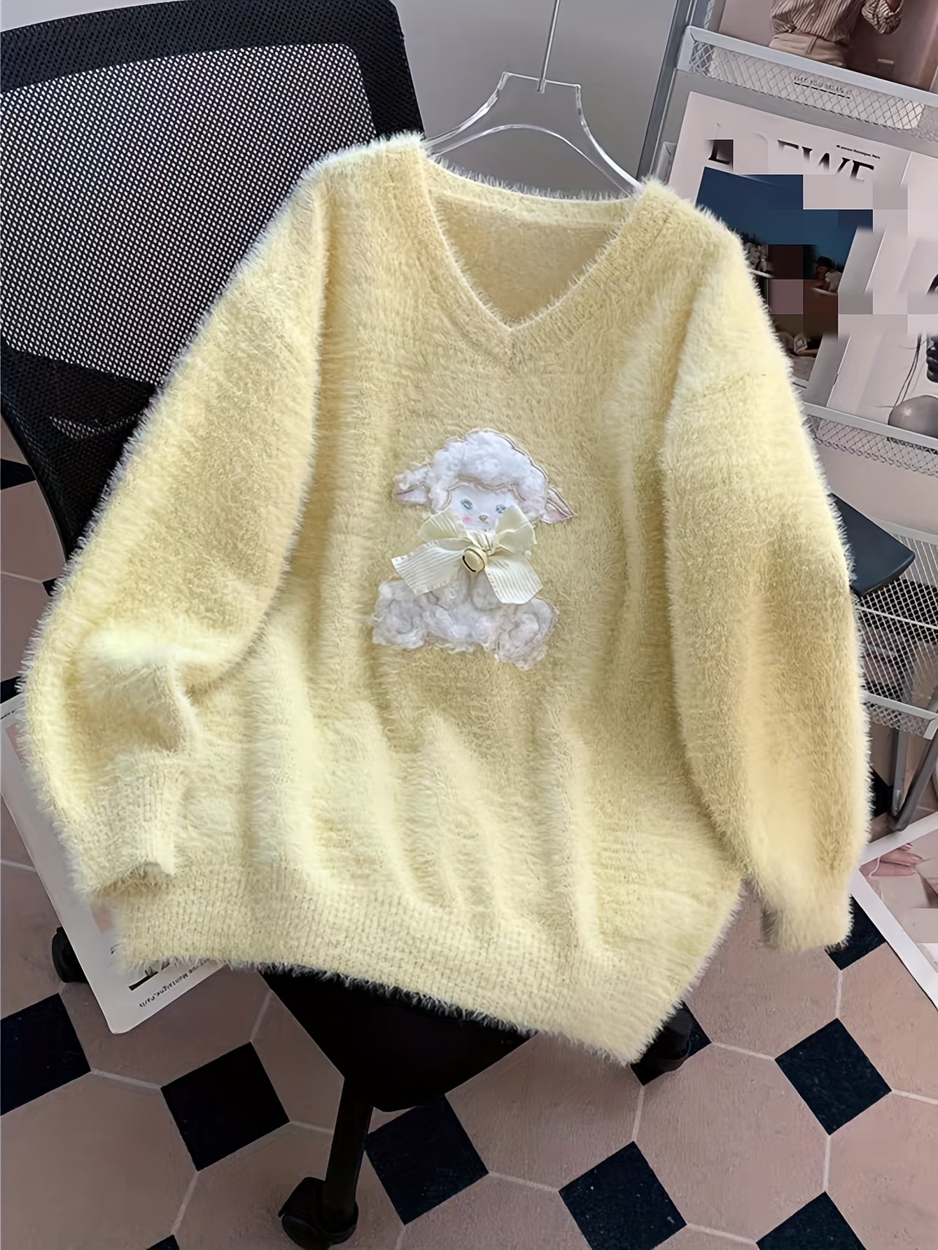 Soft Fluffy V-Neck Sweater Sweater with Lamb Appliqué