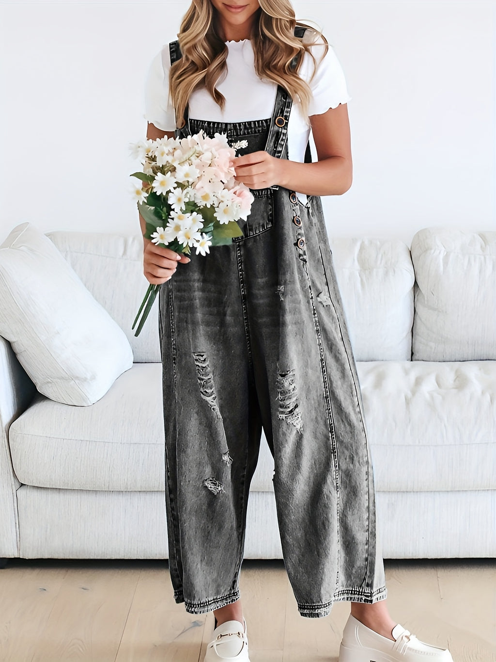 Distressed Denim Overalls