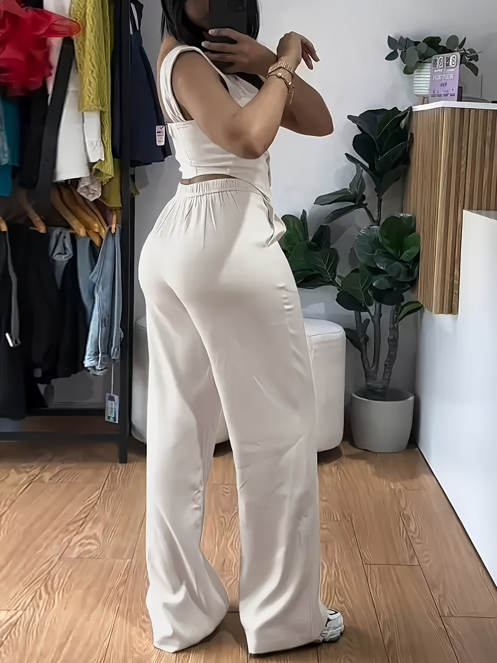 Women'S Yellow Sleeveless Corset Top & Wide-Leg Pants Set - Casual V-Neck with Button Detail, High-Waisted Flared Pants, White Sneakers, and Accessories for a Stylish Outfit, Allseason Attire | Vneck Top | Button Detail Top