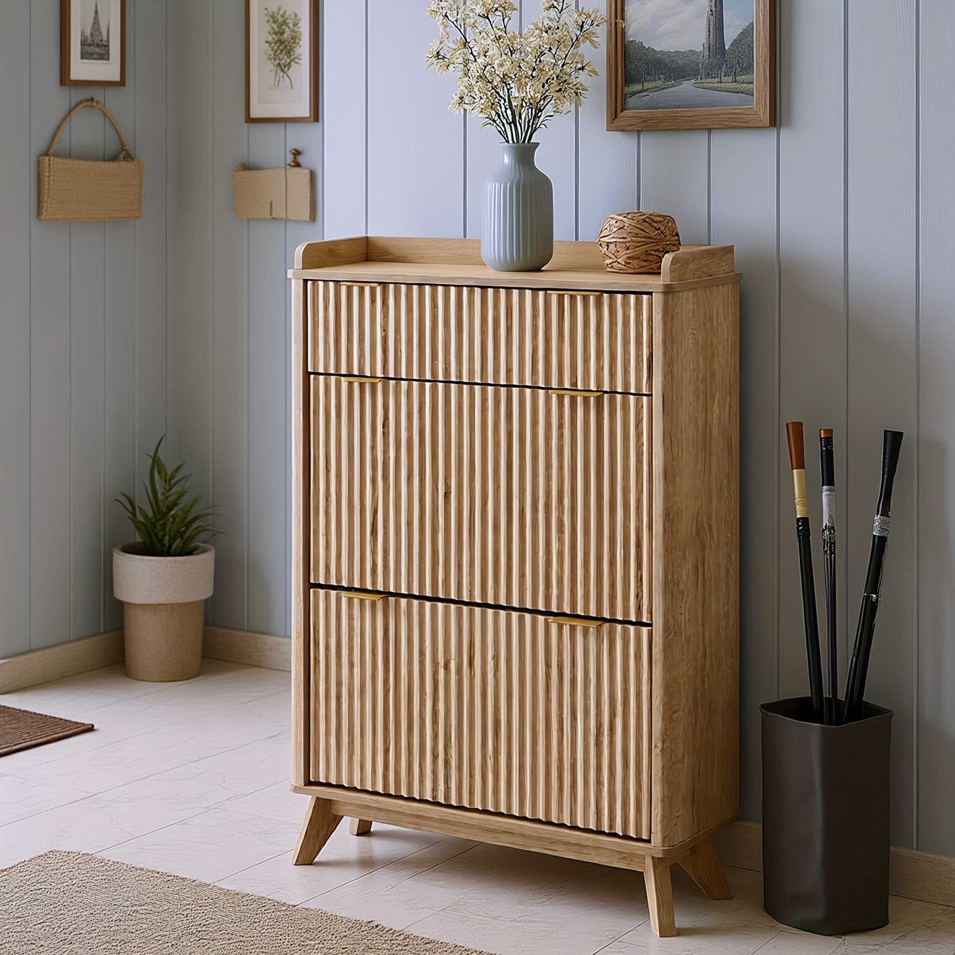 Wave-patterned Shoe Cabinet Featuring 2 Flip Drawers And A Top Drawer, 48-inch Tall Narrow Shoe Organizer, Curved Profile Design, Wooden Shoe Rack for Entryways, Entryway Storage, Hallway Furniture, Contemporary Design, Sleek