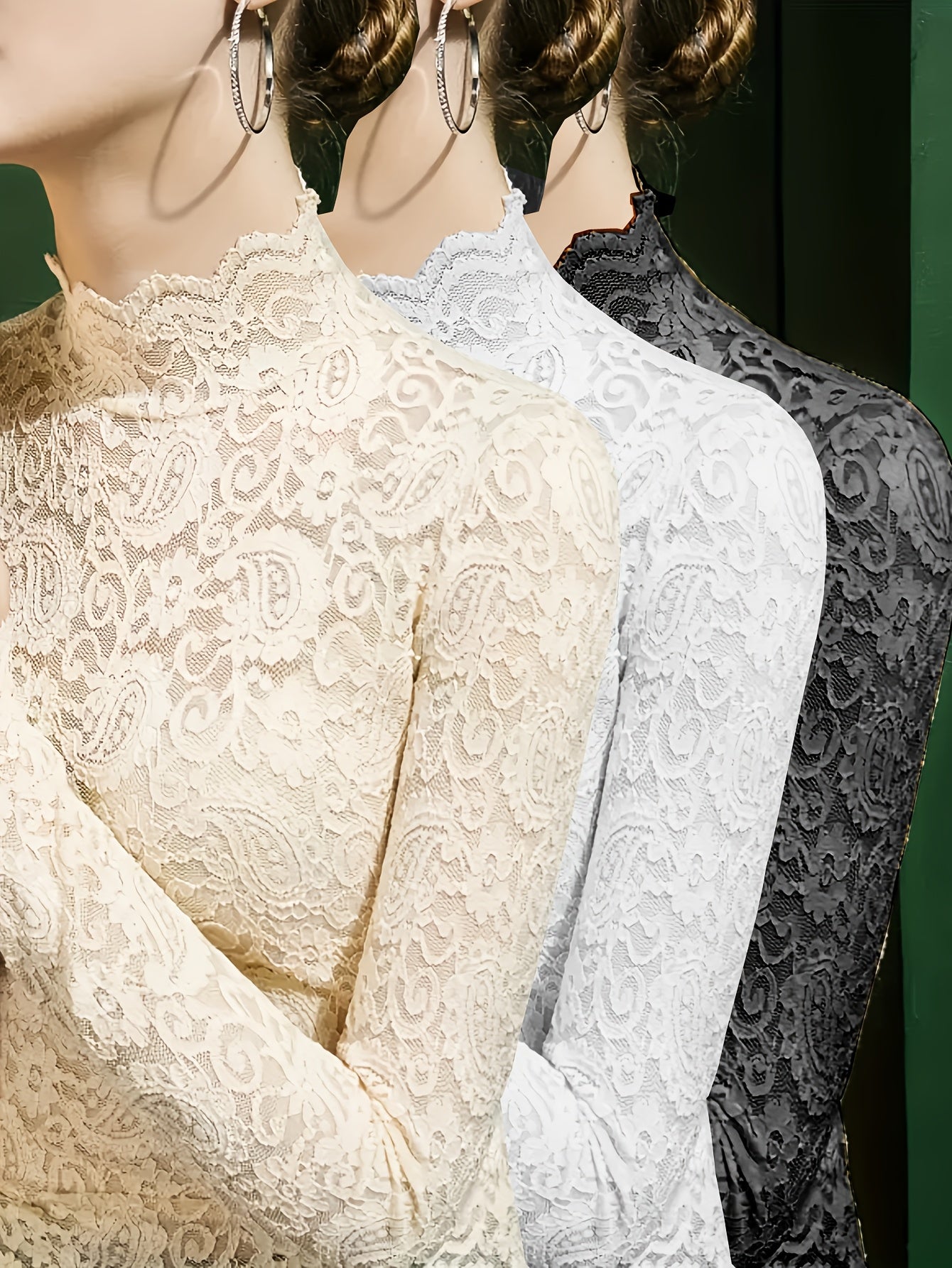 [3pcs Elegant Lace Tops] 3-Pack Elegant Lace Tops for Women, Polyester Knit Long Sleeve Blouses with Half Neckline, Solid Color Lace Detail, Versatile for Spring/Fall Layering