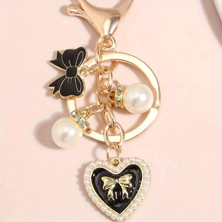 Butterfly Keychain with, Faux Pearls & Crystal Heart Charm