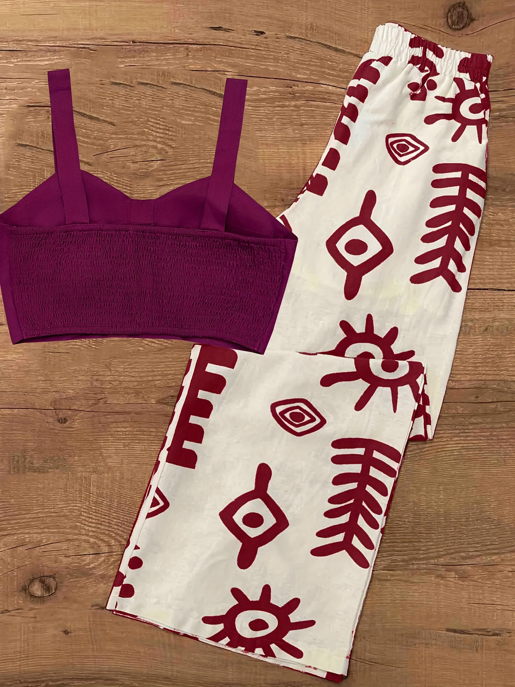 Red Printed Long Pants Set with Straps