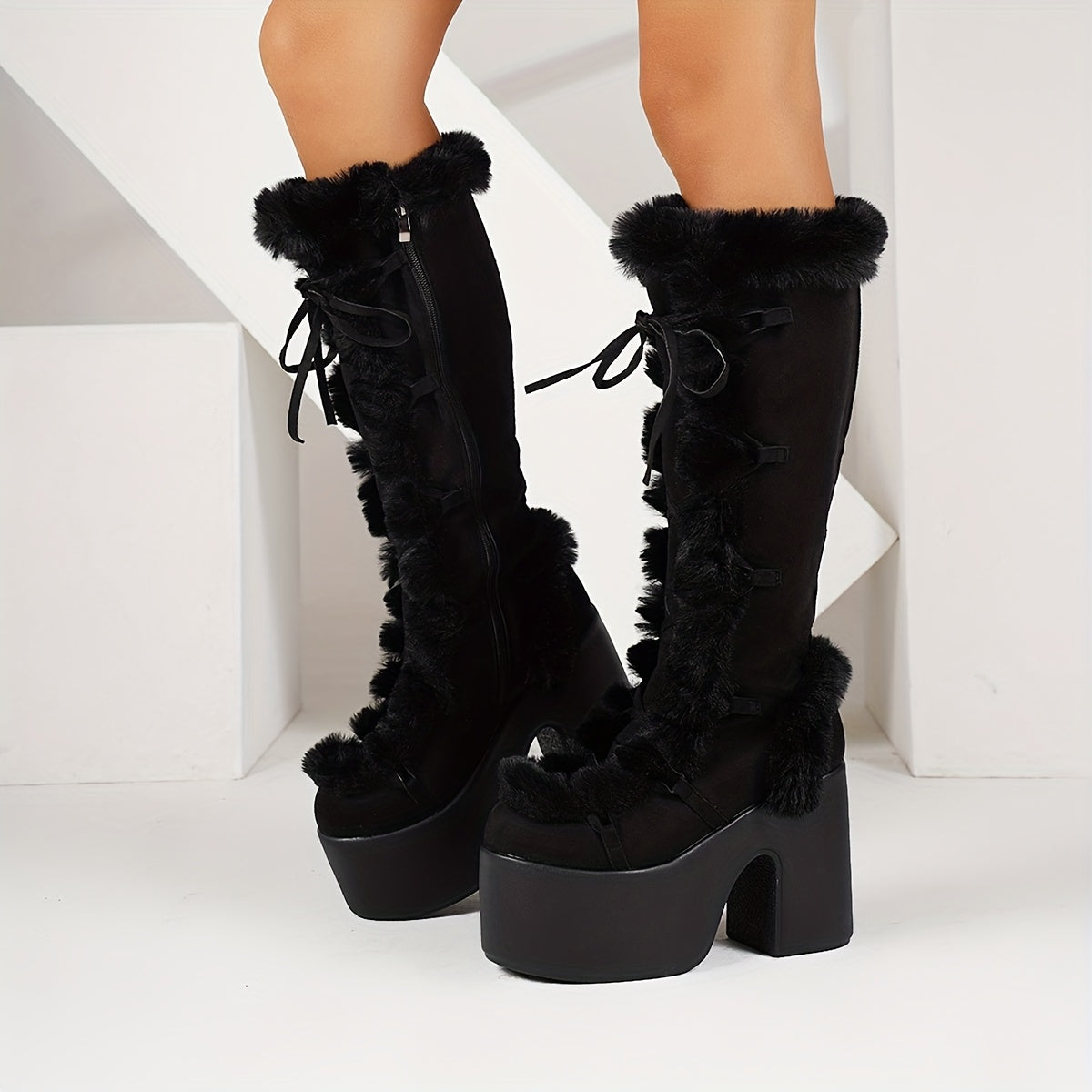 Plush Faux Fur-Front High-Top Snow Boots with Thick Platform Sole & Round Toe