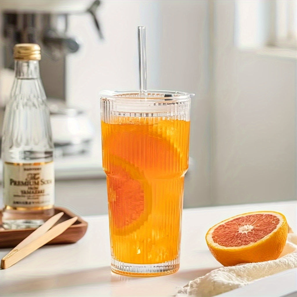 {1/2/4pcs] LDQ Striped Glass Cups with Straws & Lids