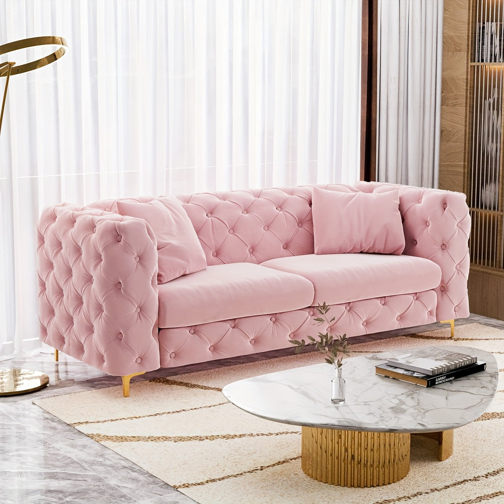 Mid-Century Modern Pink Velvet Tufted Button Sofa with Plush Cushions & Golden Metal Legs