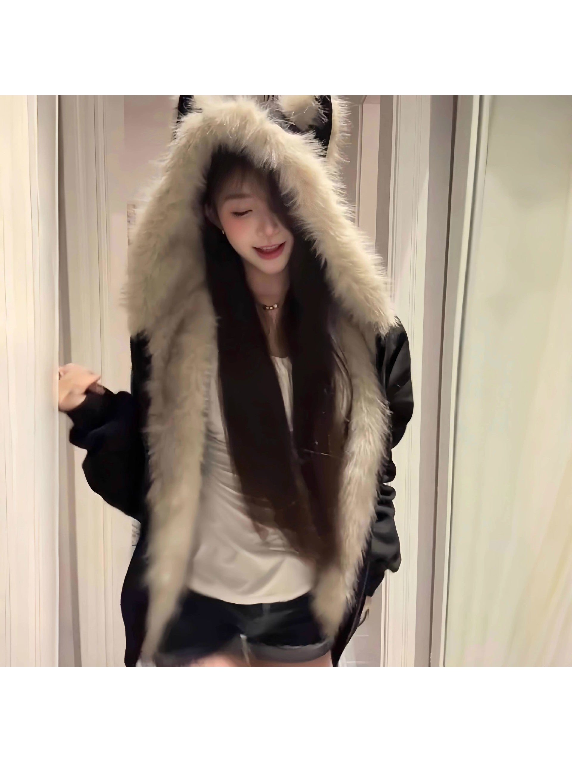 Winter Ear Coat with Black Fur Collar