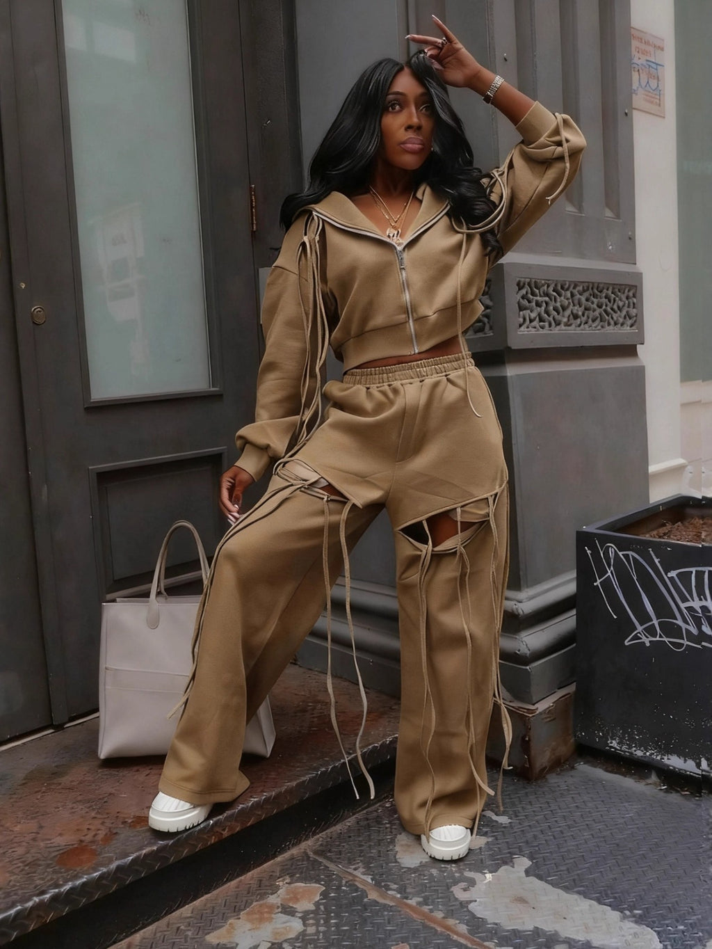 Hooded Zipper Sweatshirt Wide-Leg Hole Two-Piece Suit