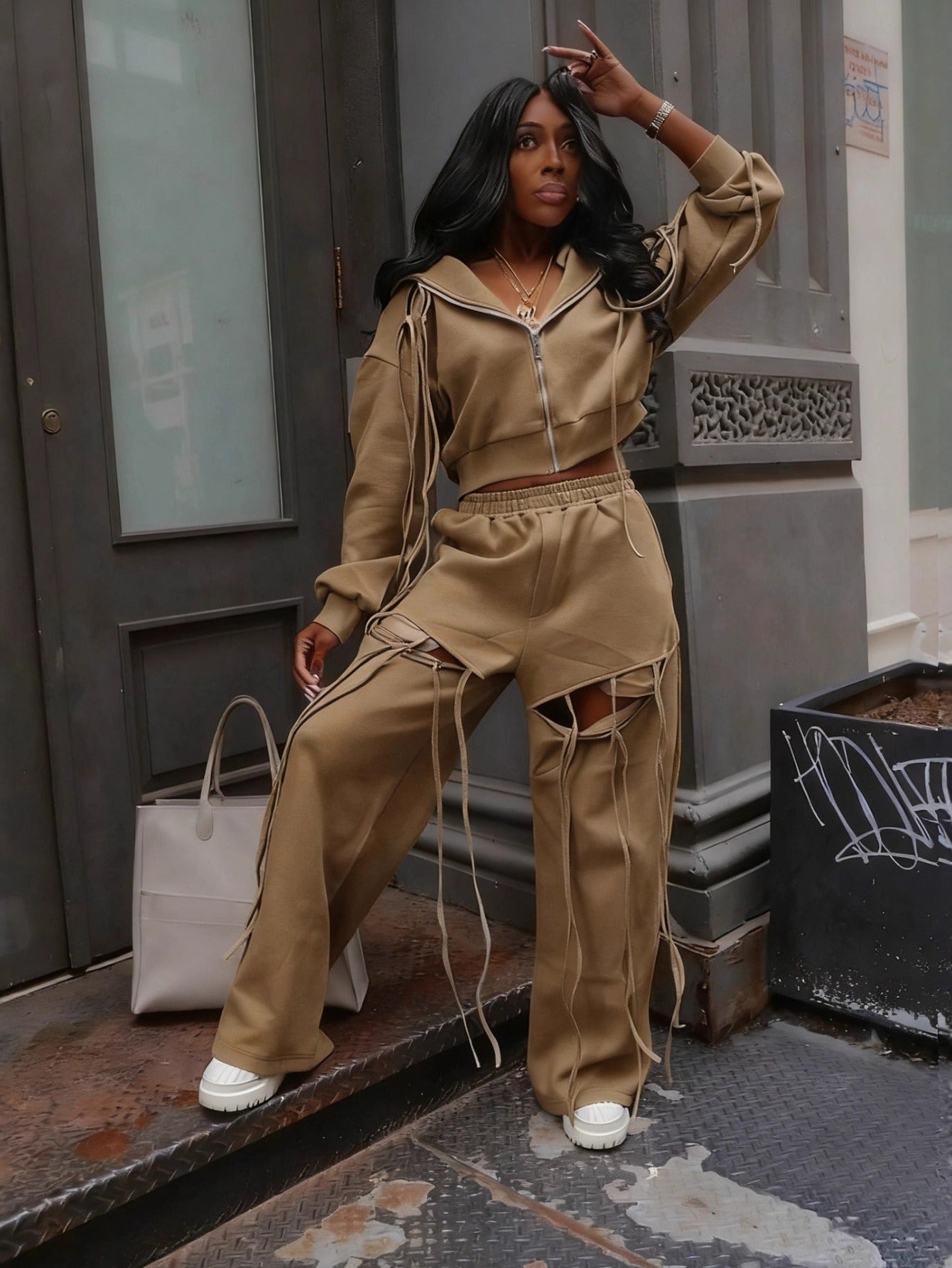 Hooded Zipper Sweatshirt Wide-Leg Hole Two-Piece Suit