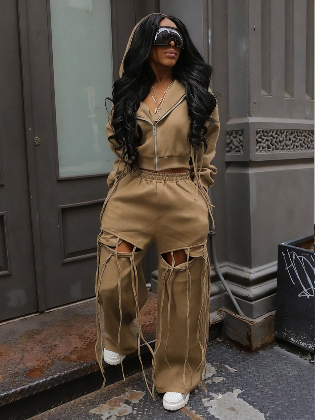 Hooded Zipper Sweatshirt Wide-Leg Hole Two-Piece Suit